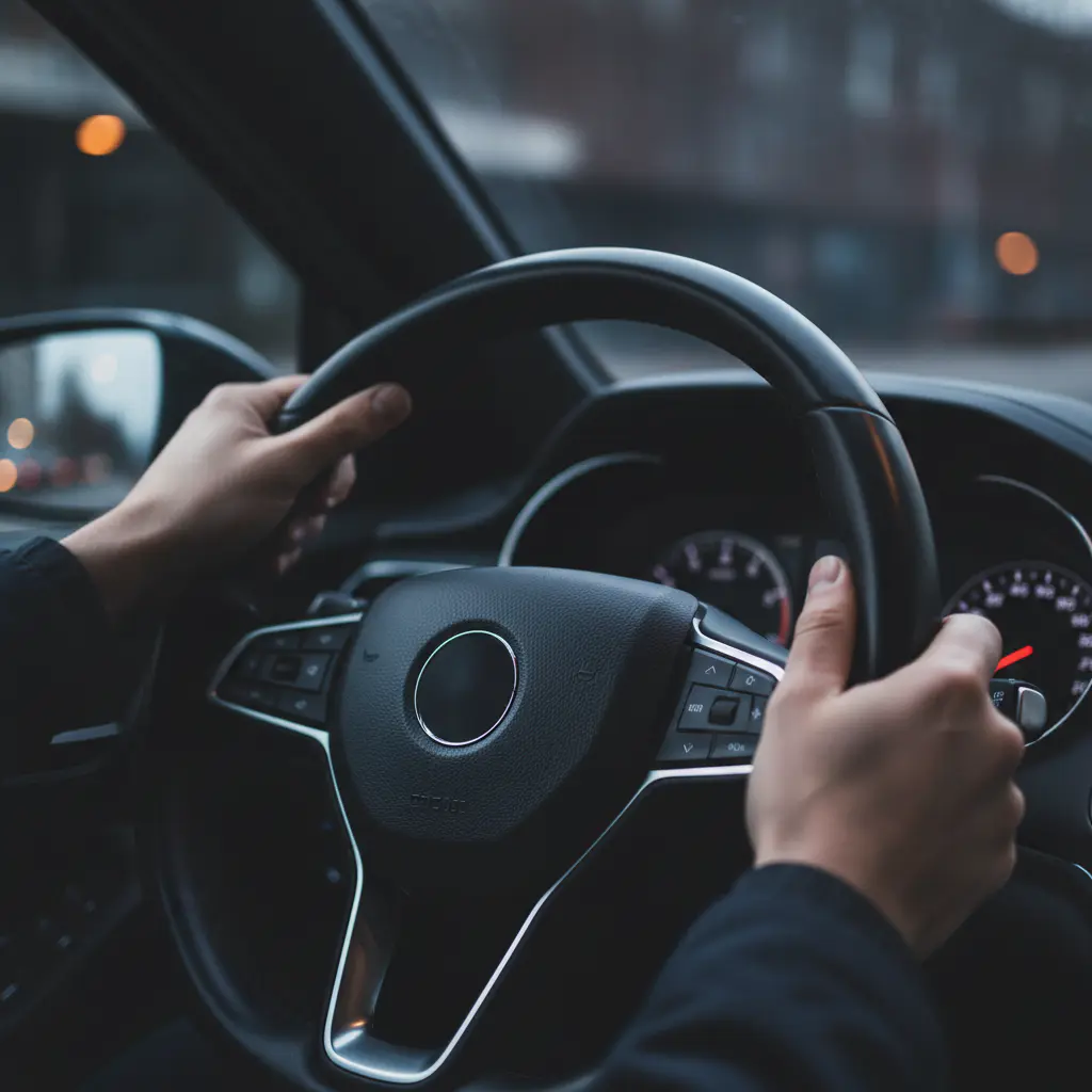 Hands on steering wheel detail
