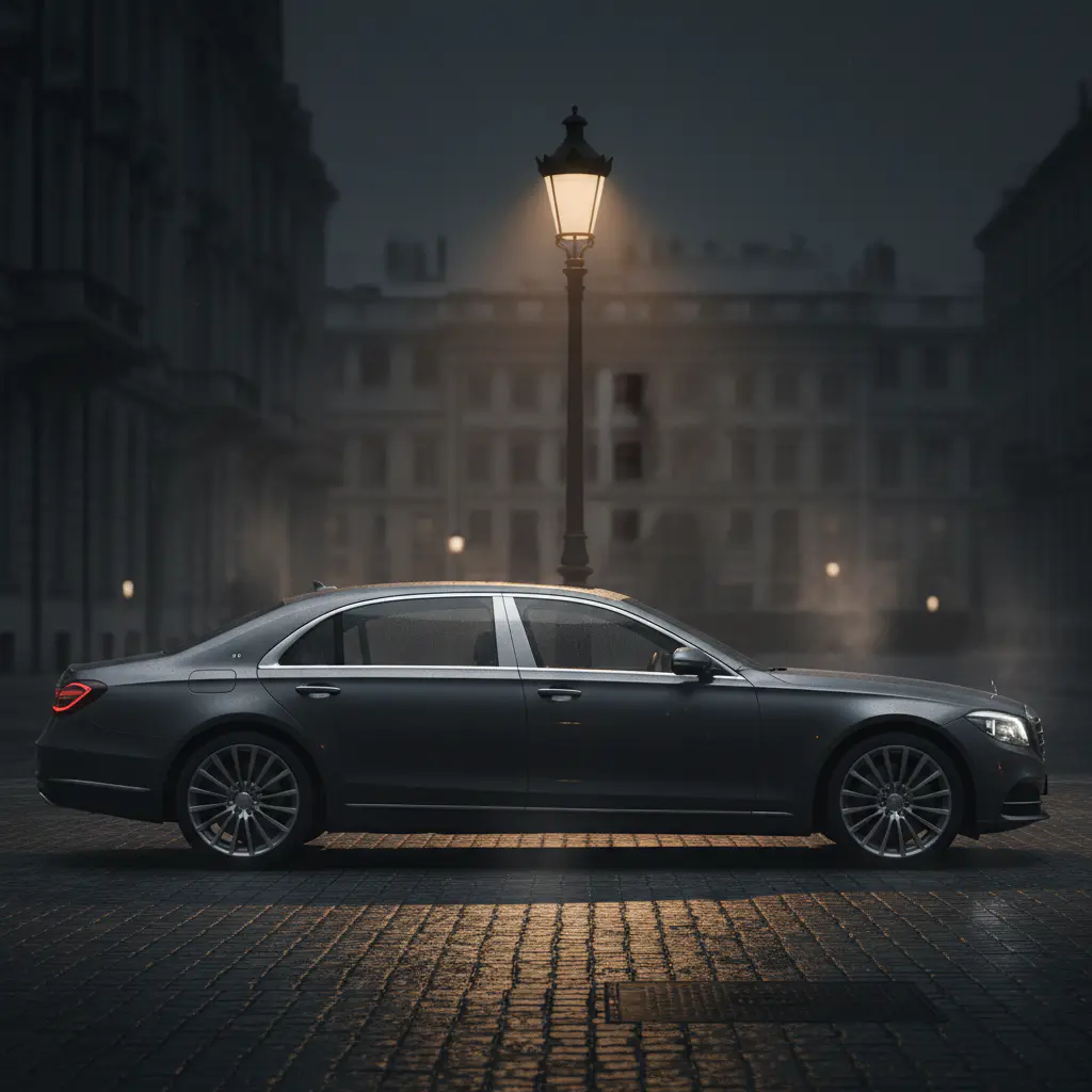 Luxury sedan side profile at night