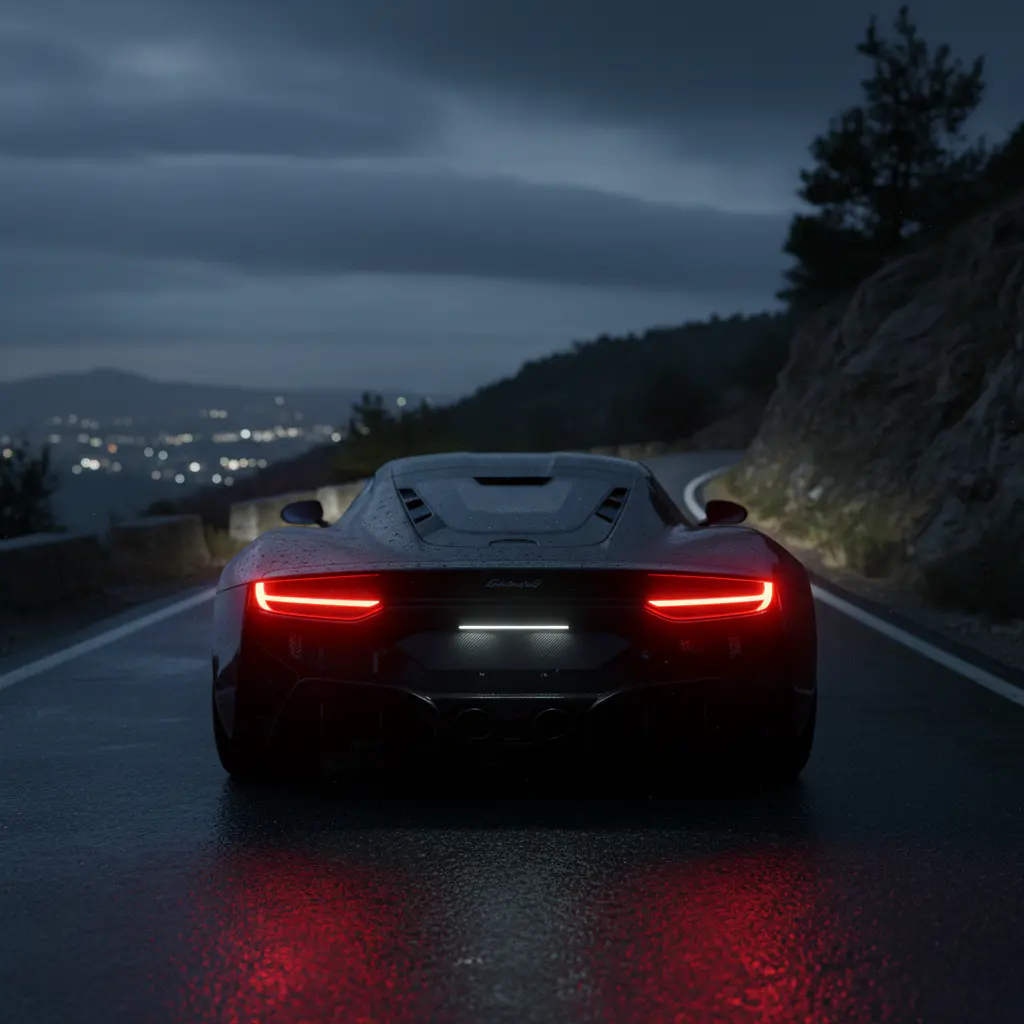 Rear view of sports car at night