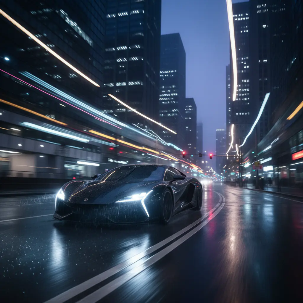 Cinematic car driving through city at night