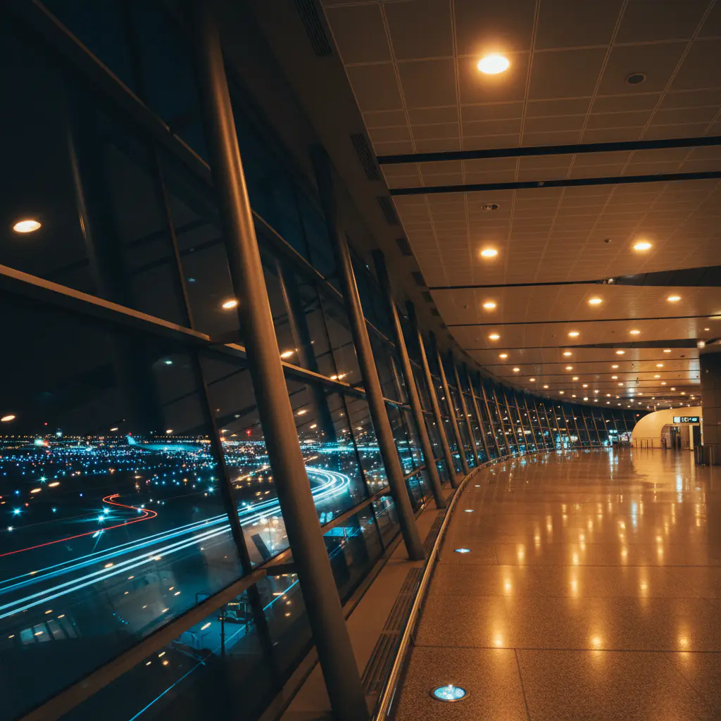 Airport terminal lights at night
